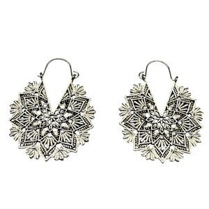 VTG Filigree Lotus Flower Hoop Earrings Silver Tone Tribal Ethnic BohoChic
